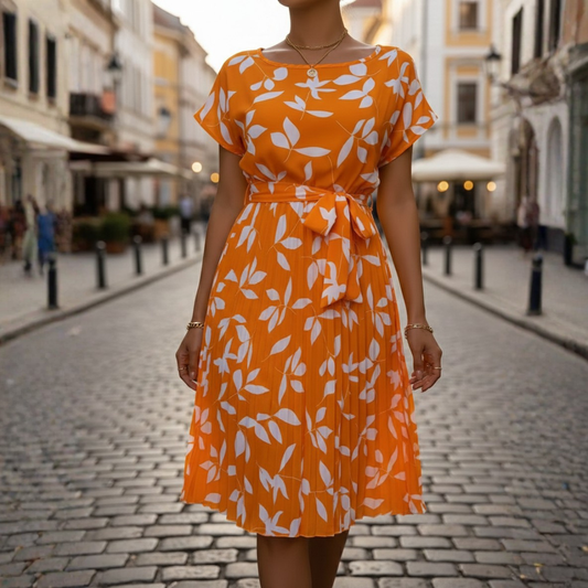 Women's Long Pleated Dress with Floral Print and Belt 8