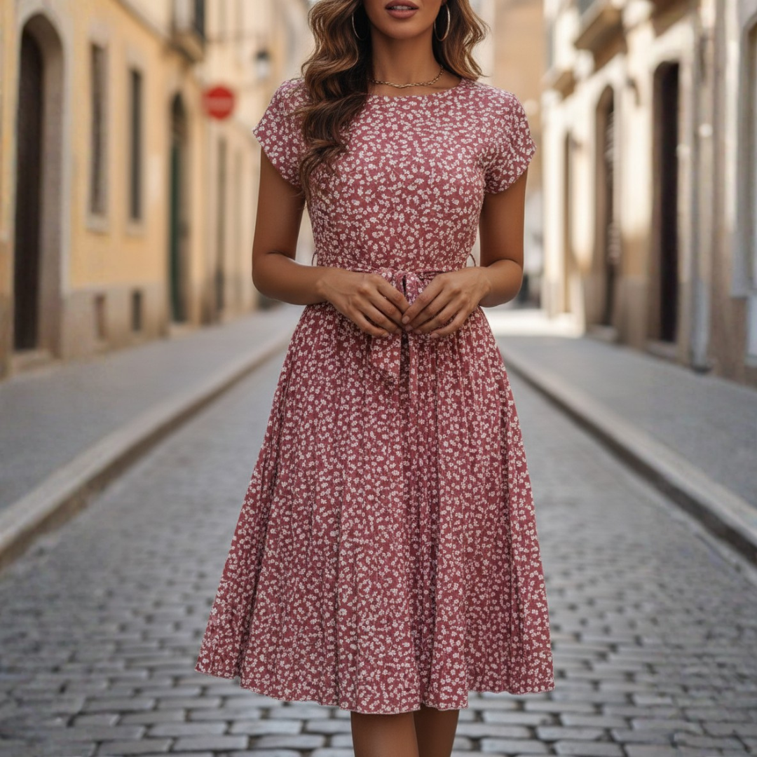 Women's Long Pleated Dress with Floral Print and Belt 9