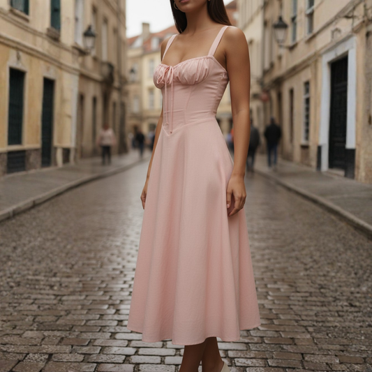 Women's Midi Dress with Lace-Up Bodice and Flared Skirt 0