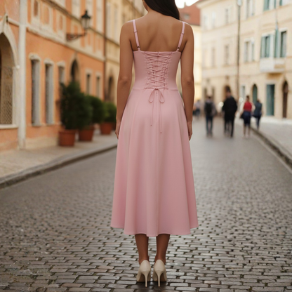 Women's Midi Dress with Lace-Up Bodice and Flared Skirt 1
