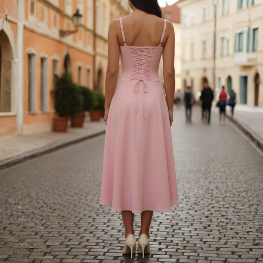 Women's Midi Dress with Lace-Up Bodice and Flared Skirt 1