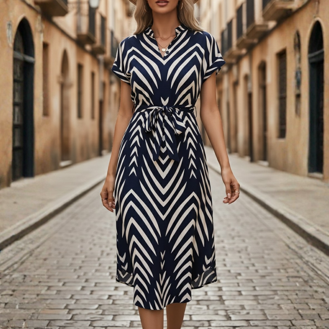 Women's Midi Dress with Stripes, V-Neck, and Belt 0