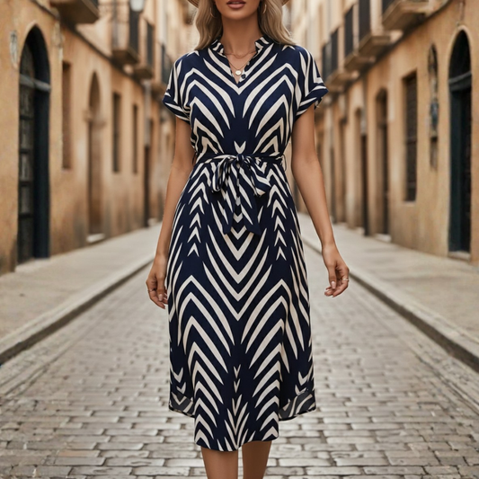 Women's Midi Dress with Stripes, V-Neck, and Belt 0