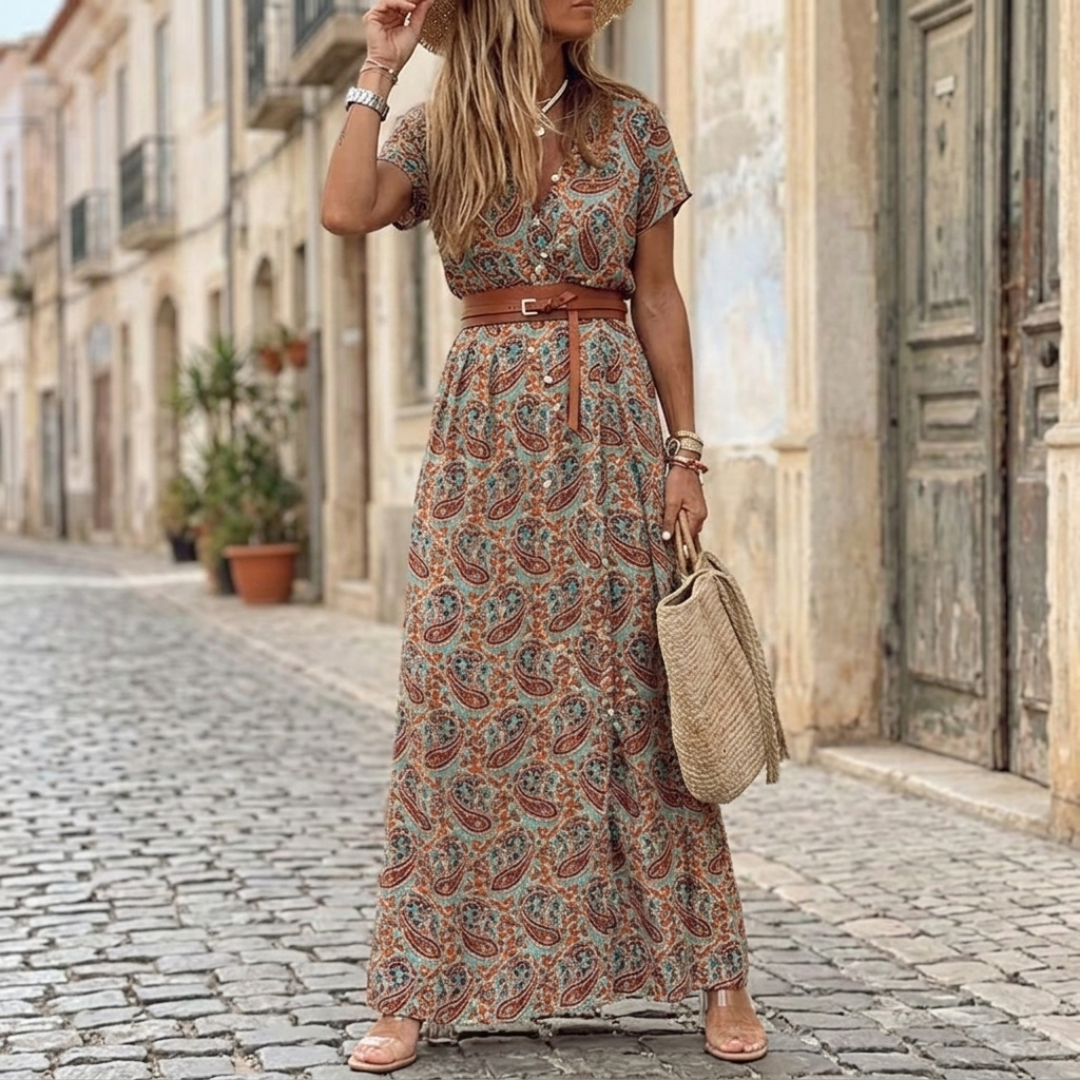 Women's Summer Floral Midi Dress with V-Neck and Puff Sleeves 0