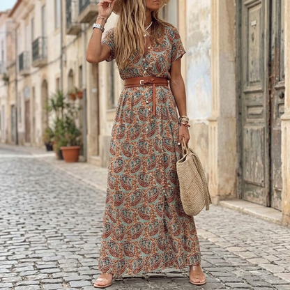 Women's Summer Floral Midi Dress with V-Neck and Puff Sleeves 0