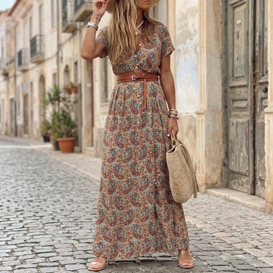 Women's Summer Floral Midi Dress with V-Neck and Puff Sleeves 0