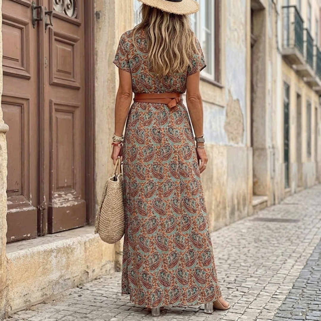 Women's Summer Floral Midi Dress with V-Neck and Puff Sleeves 1
