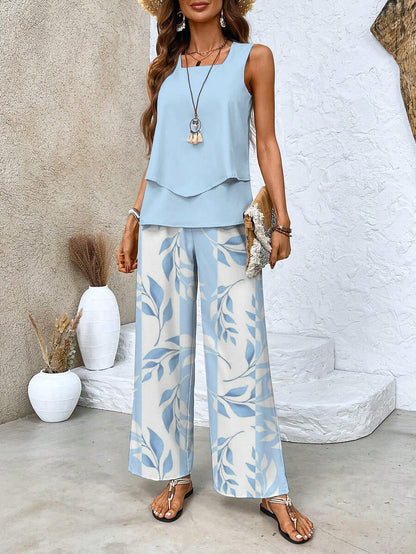 Women's Two-Piece Set | Round-neck Top Wide-leg Pants 0