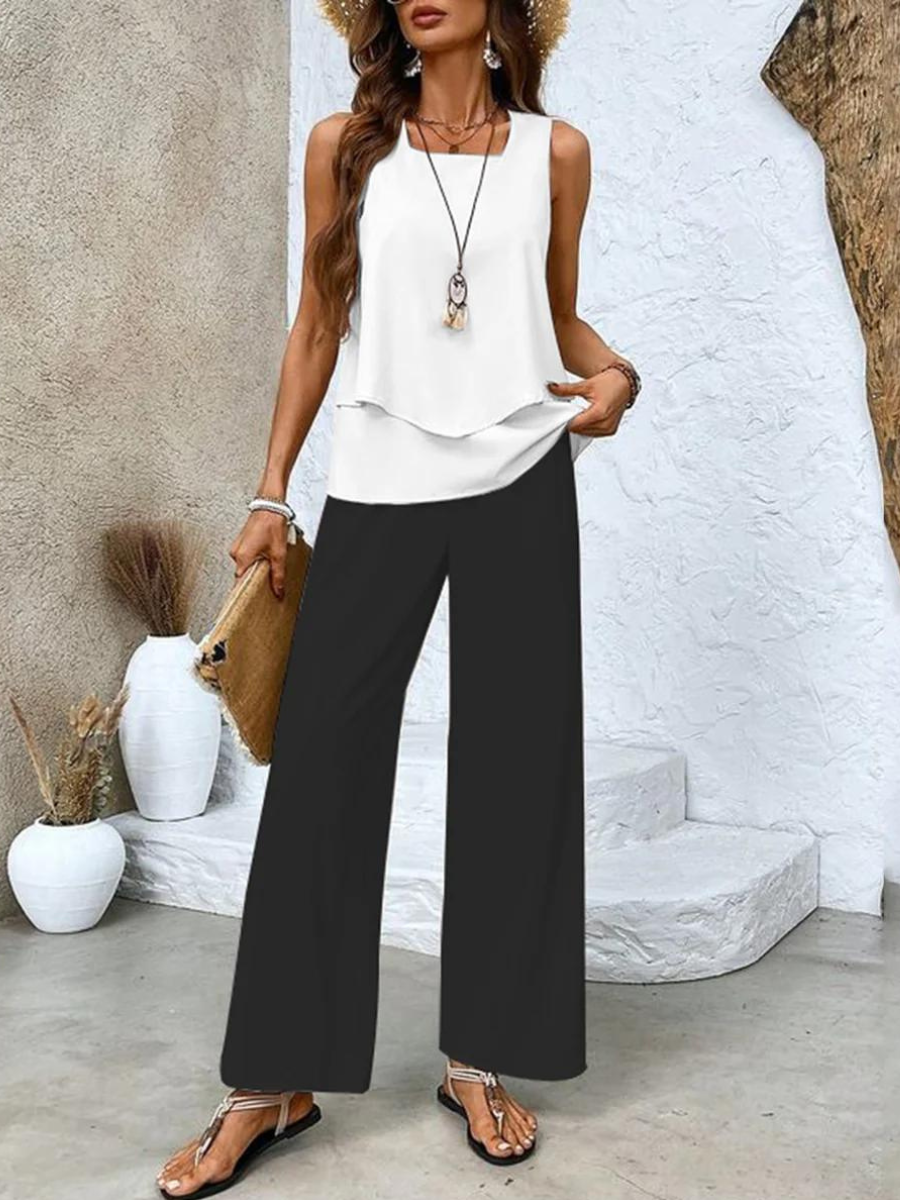 Women's Two-Piece Set | Round-neck Top Wide-leg Pants 1