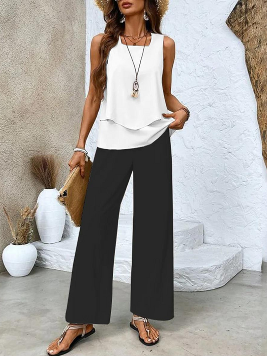Women's Two-Piece Set | Round-neck Top Wide-leg Pants 1