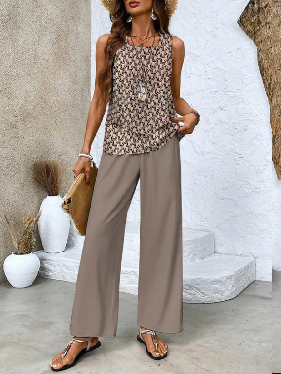 Women's Two-Piece Set | Round-neck Top Wide-leg Pants 2