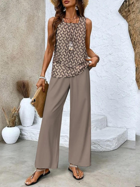Women's Two-Piece Set | Round-neck Top Wide-leg Pants 2