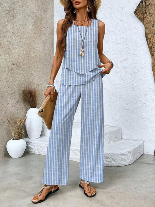Women's Two-Piece Set | Round-neck Top Wide-leg Pants 4