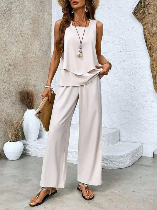 Women's Two-Piece Set | Round-neck Top Wide-leg Pants 5