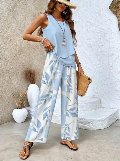 Women's Two-Piece Set | Round-neck Top Wide-leg Pants 6