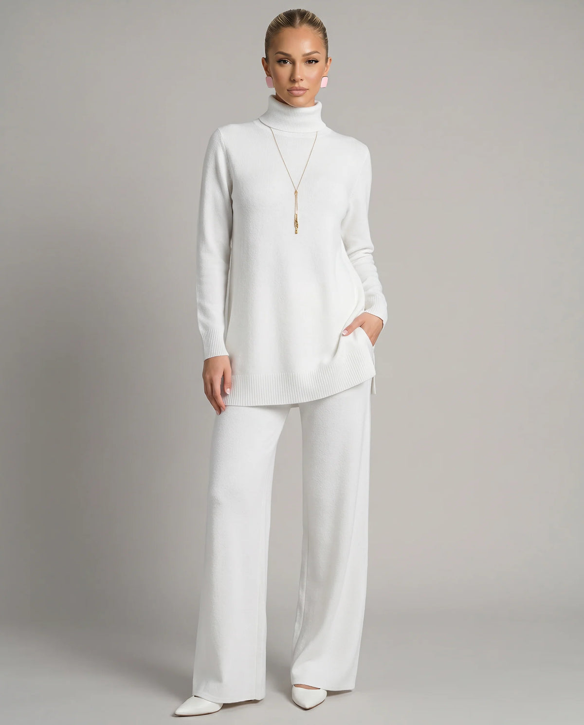 Wynna Knit Loungewear Set | Cozy Polyester, Relaxed Turtleneck & Wide-Leg Trousers 0