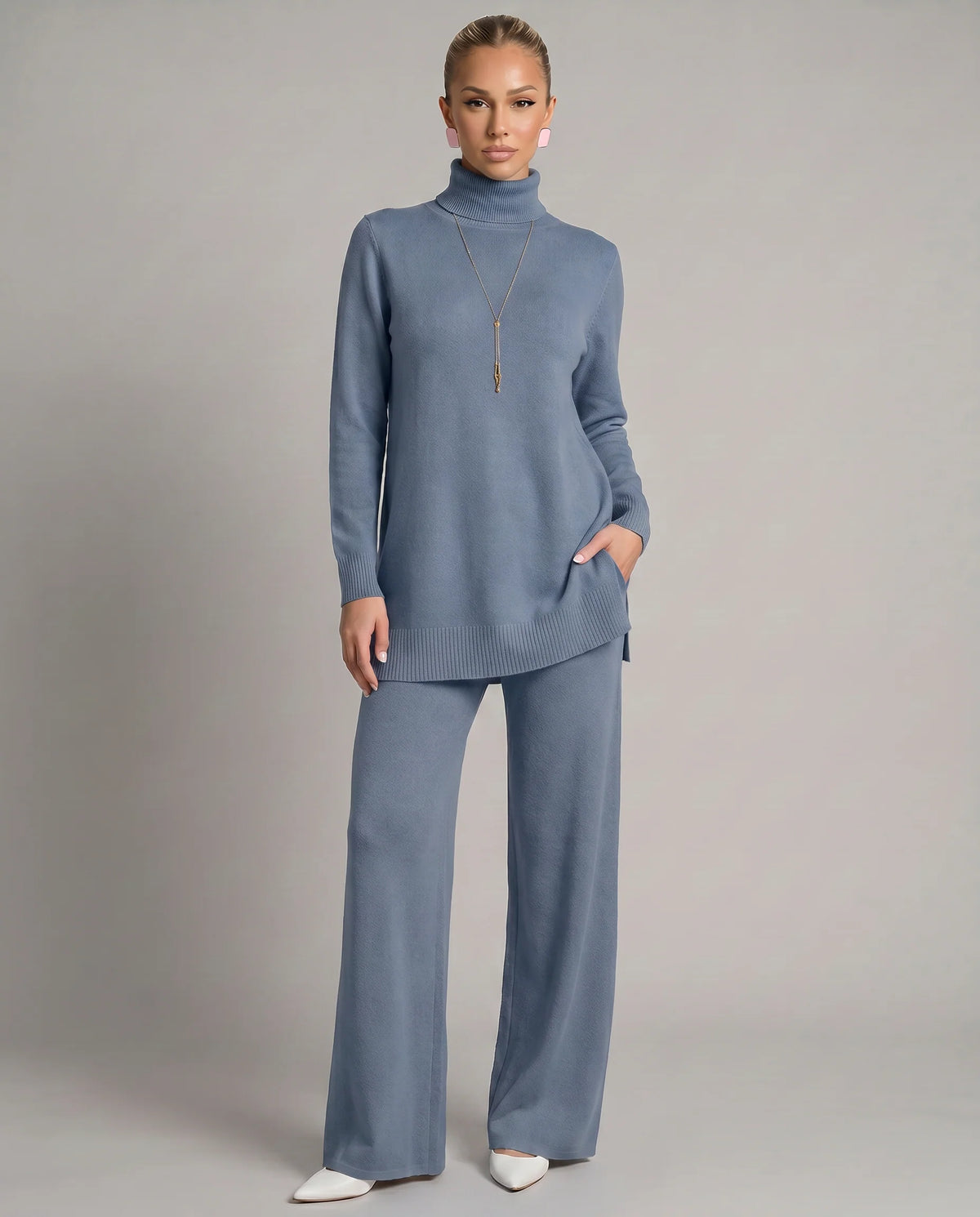 Wynna Knit Loungewear Set | Cozy Polyester, Relaxed Turtleneck & Wide-Leg Trousers 10