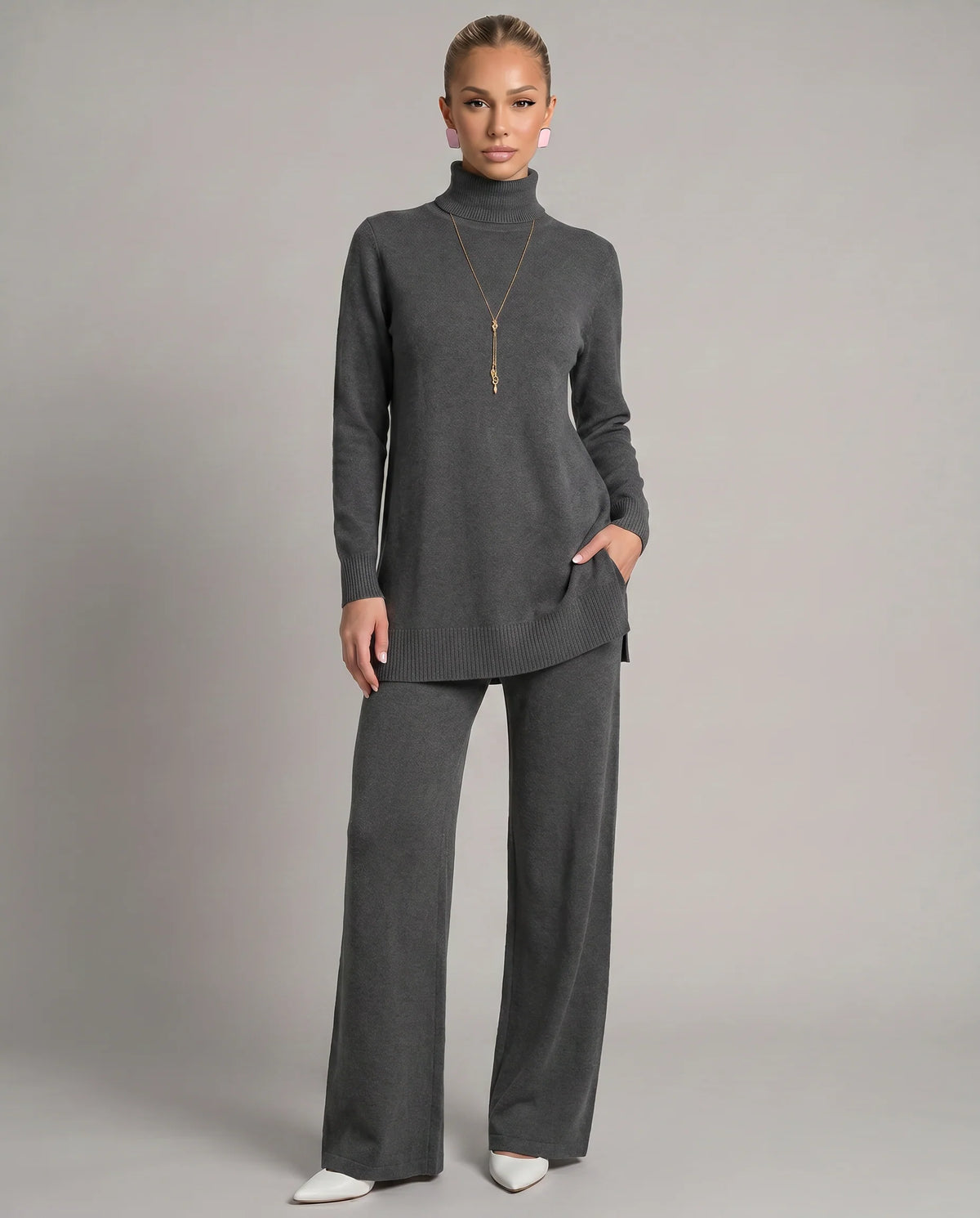 Wynna Knit Loungewear Set | Cozy Polyester, Relaxed Turtleneck & Wide-Leg Trousers 7