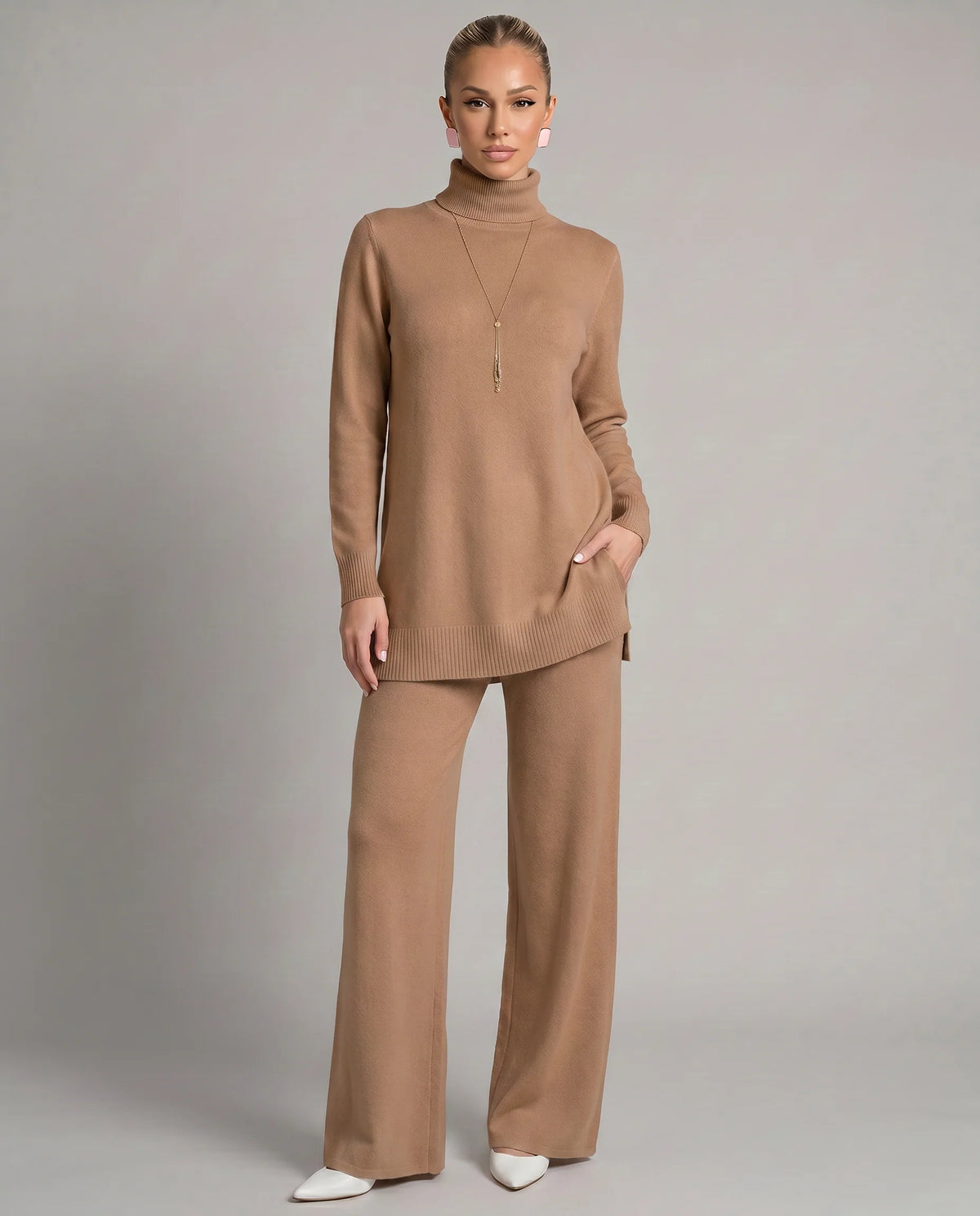 Wynna Knit Loungewear Set | Cozy Polyester, Relaxed Turtleneck & Wide-Leg Trousers 9