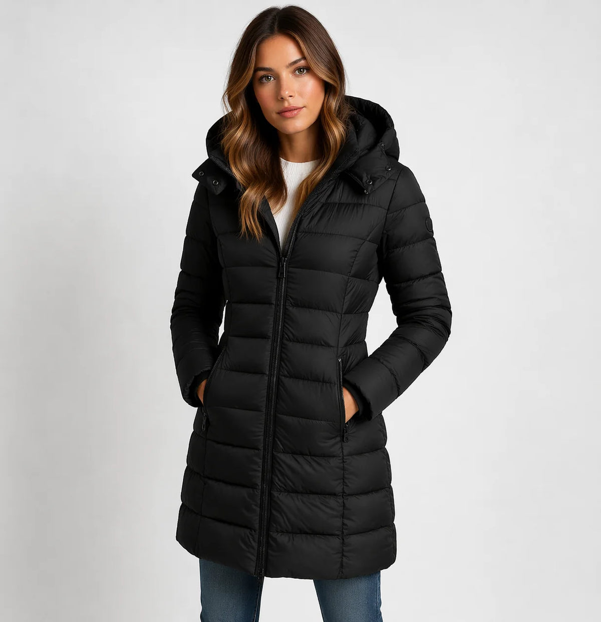 Wynna Women's Jacket | Lightweight Quilted Black Puffer Coat, Hooded Mid-Thigh Design 0