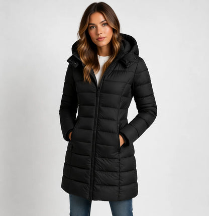 Wynna Women's Jacket | Lightweight Quilted Black Puffer Coat, Hooded Mid-Thigh Design 0