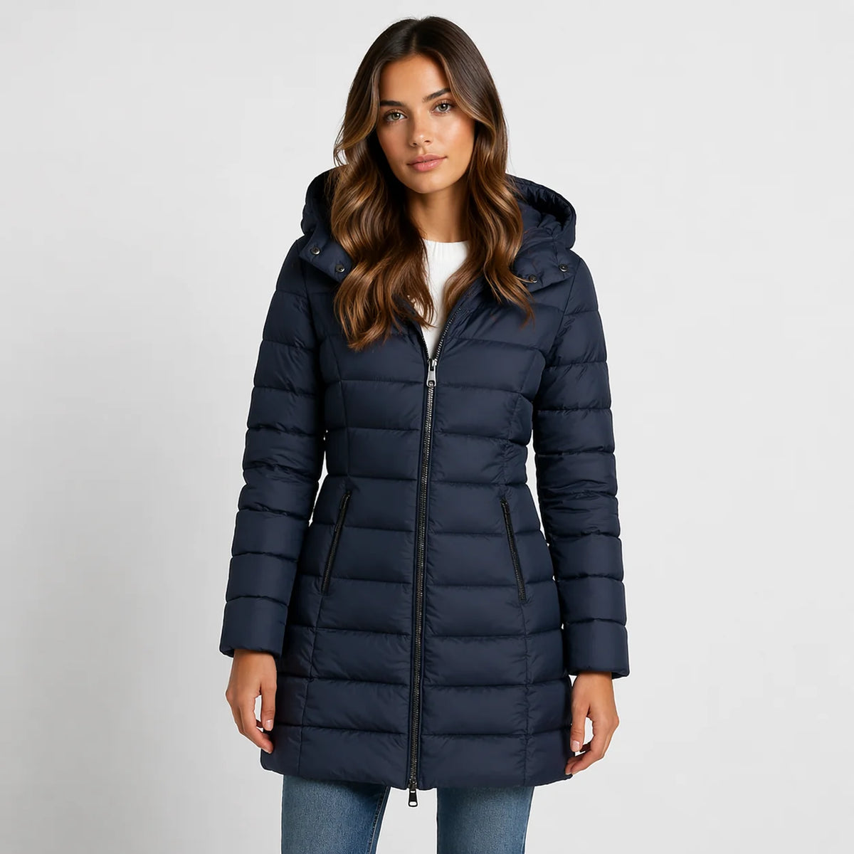 Wynna Women's Jacket | Lightweight Quilted Black Puffer Coat, Hooded Mid-Thigh Design 3