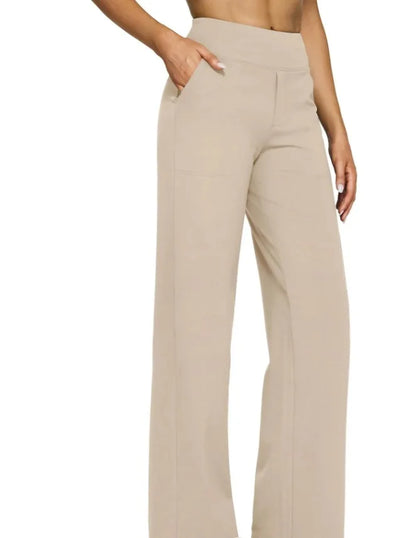 Women's High-Waist Soft Knit Trousers with Pockets - Comfortable Straight Leg Pants