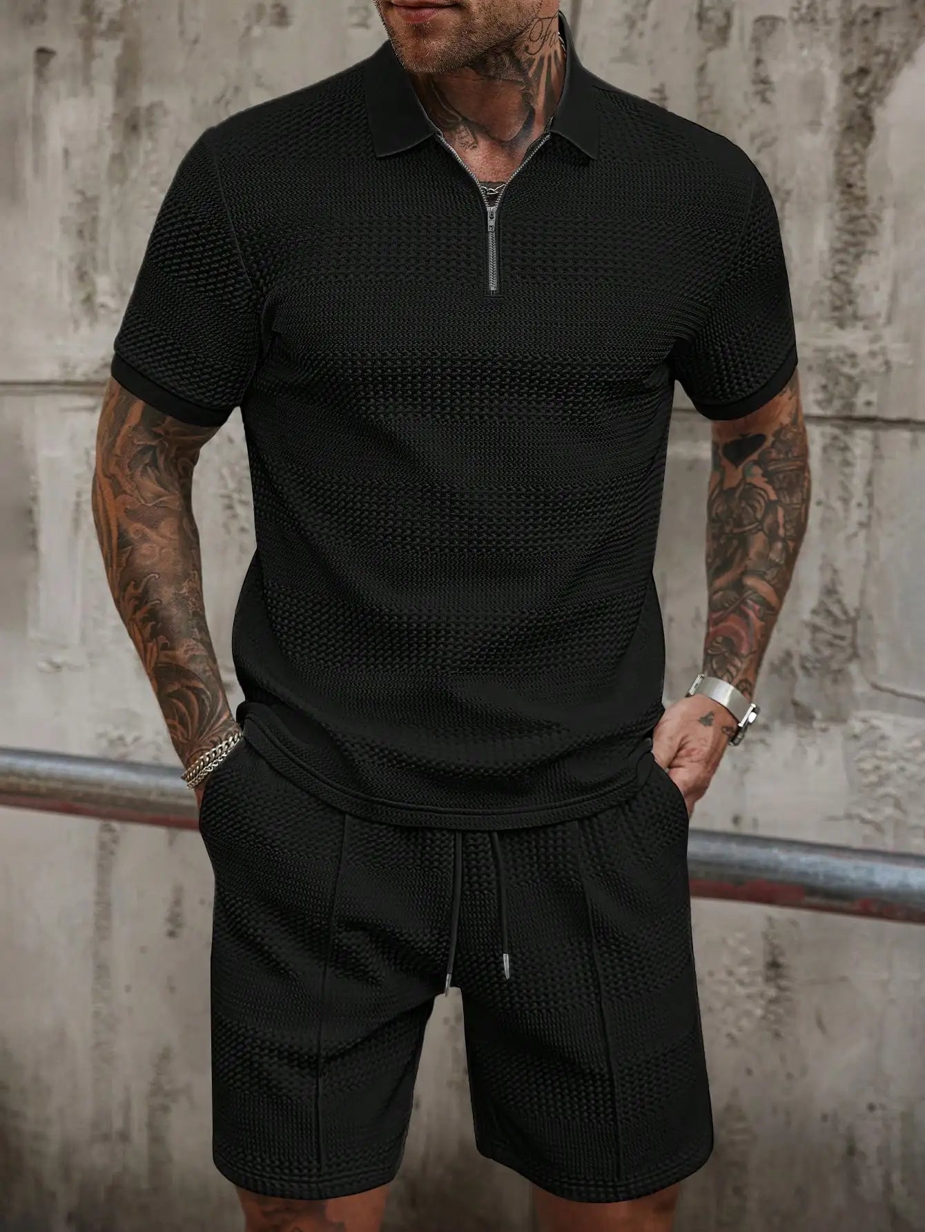 Textured Half-Zip Polo & Shorts Set