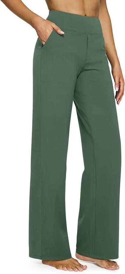 Women's High-Waist Soft Knit Trousers with Pockets - Comfortable Straight Leg Pants