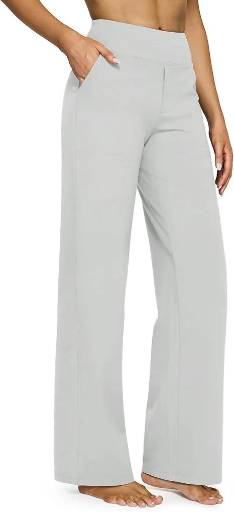 Women's High-Waist Soft Knit Trousers with Pockets - Comfortable Straight Leg Pants