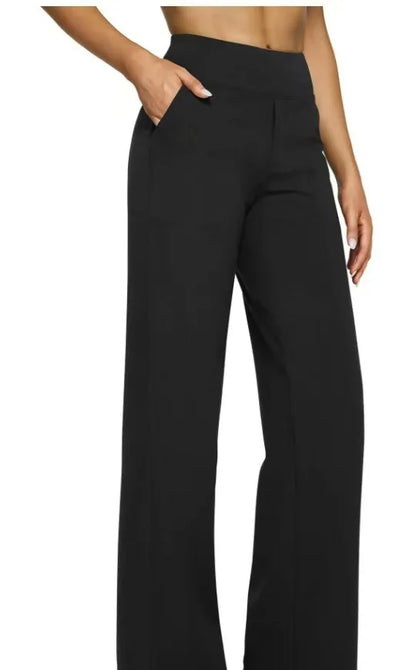 Women's High-Waist Soft Knit Trousers with Pockets - Comfortable Straight Leg Pants