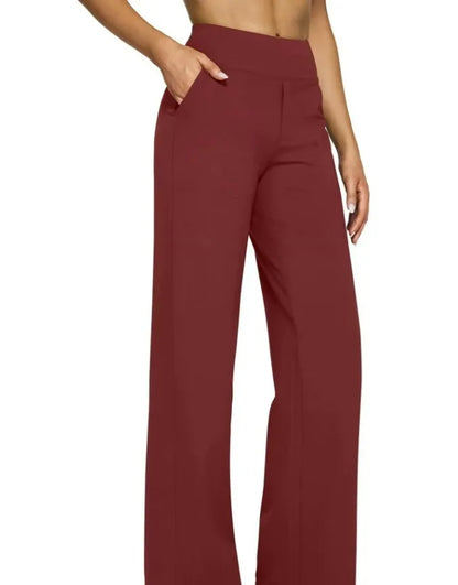 Women's High-Waist Soft Knit Trousers with Pockets - Comfortable Straight Leg Pants