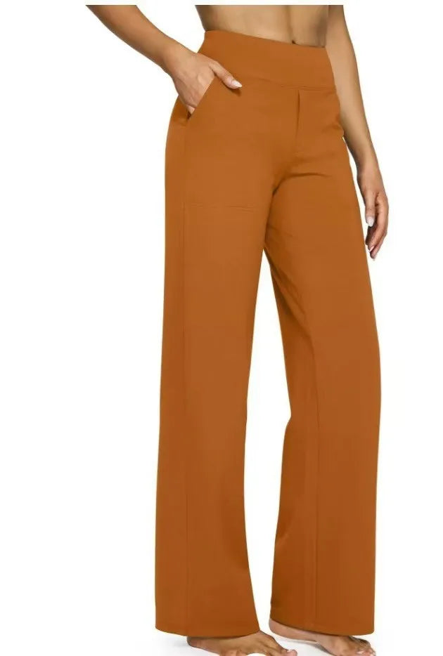 Women's High-Waist Soft Knit Trousers with Pockets - Comfortable Straight Leg Pants