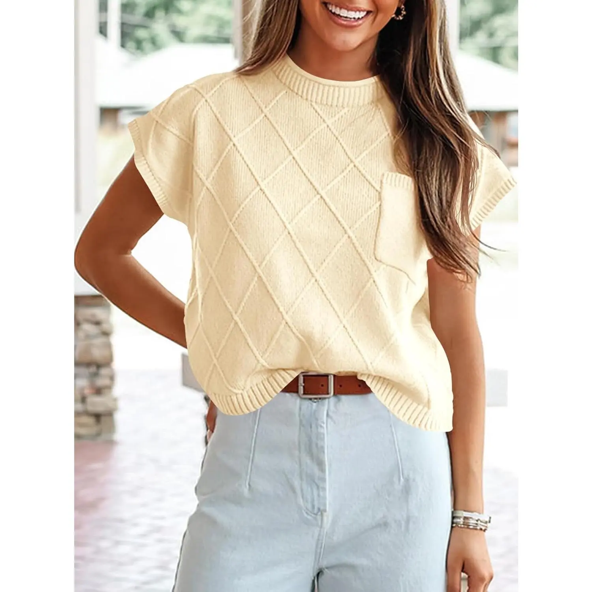 Saodimallsu Women'S Mock Neck Cap Sleeve Sweater Vest Soft Lightweight Knit Tops for Summer & Spring Casual Outfits Shortsleeve Womenswear Basic Knitted Chunky Chic