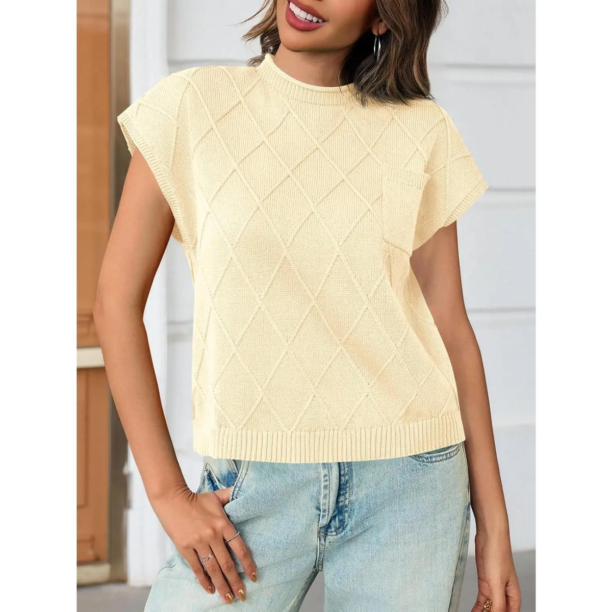 Saodimallsu Women'S Mock Neck Cap Sleeve Sweater Vest Soft Lightweight Knit Tops for Summer & Spring Casual Outfits Shortsleeve Womenswear Basic Knitted Chunky Chic