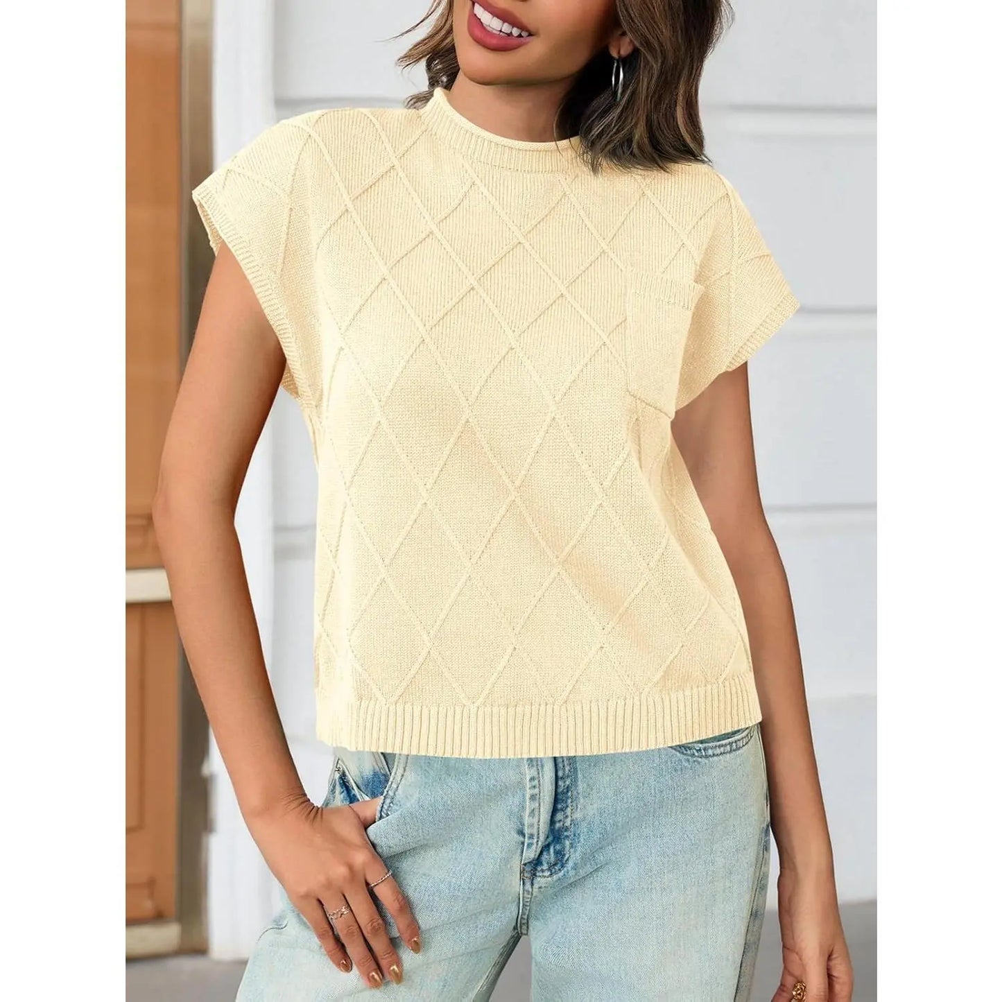 Saodimallsu Women'S Mock Neck Cap Sleeve Sweater Vest Soft Lightweight Knit Tops for Summer & Spring Casual Outfits Shortsleeve Womenswear Basic Knitted Chunky Chic